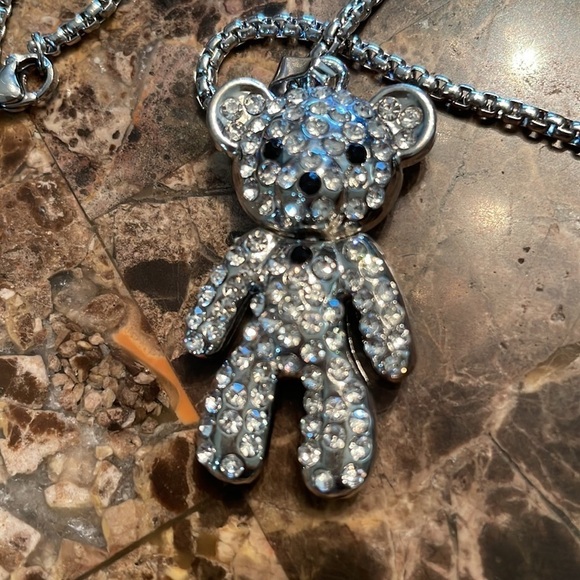 Betsy Johnson Bear Rhinestone Silver Necklace - Picture 9 of 16